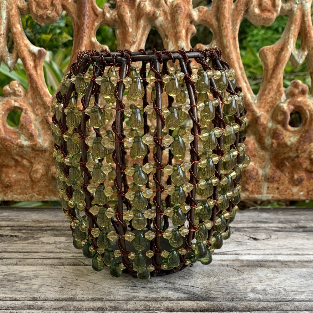 Vintage Boho Green Beaded Candle Holder